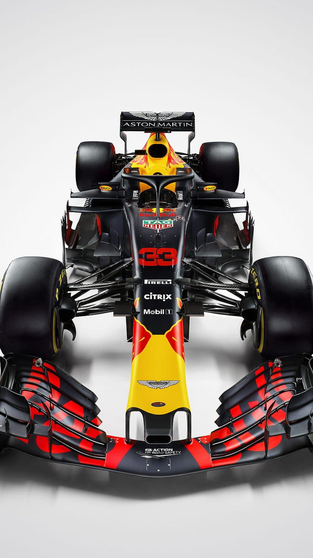 Red Bull Racing Formula 1 car shown from the front with number 33, yellow nose cone, and complex front wing.