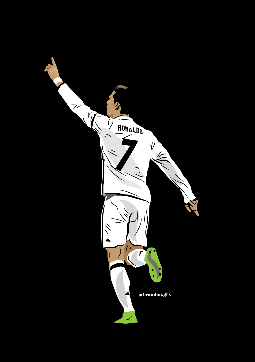 Cristiano Ronaldo from behind wearing a white number 7 jersey pointing upward against a solid black background.