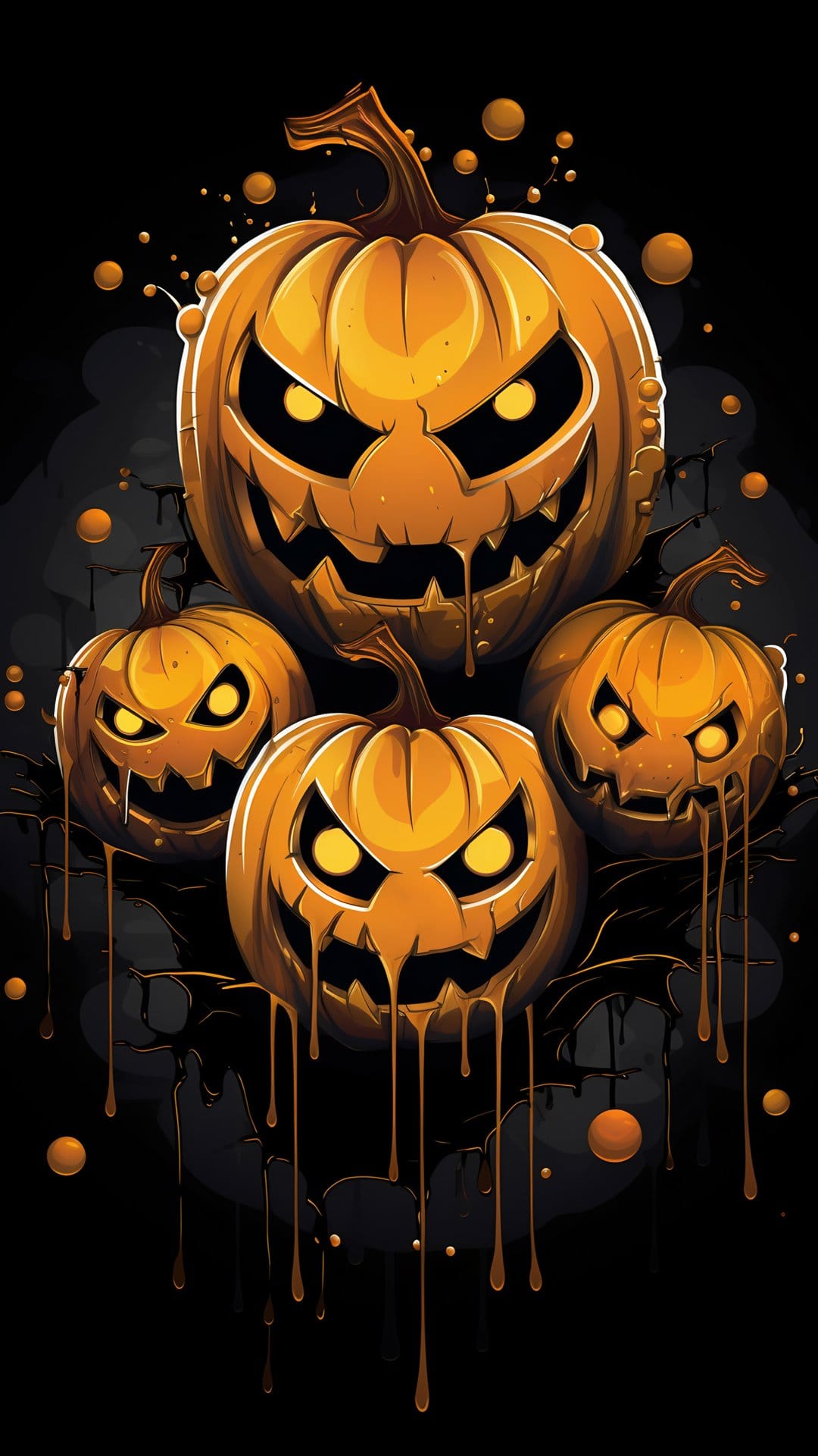 Sinister pumpkins with glowing eyes and sharp teeth drip orange slime against a dark, shadowed background.