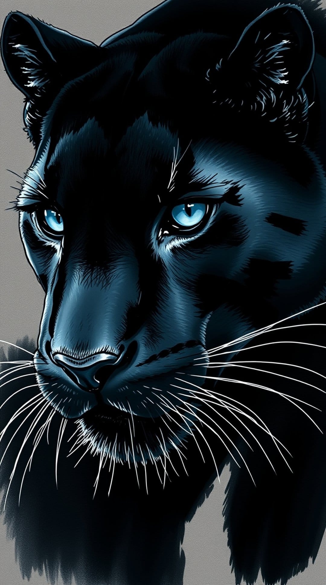 Black panther with vibrant blue eyes and detailed whiskers stares forward against a soft gray background.