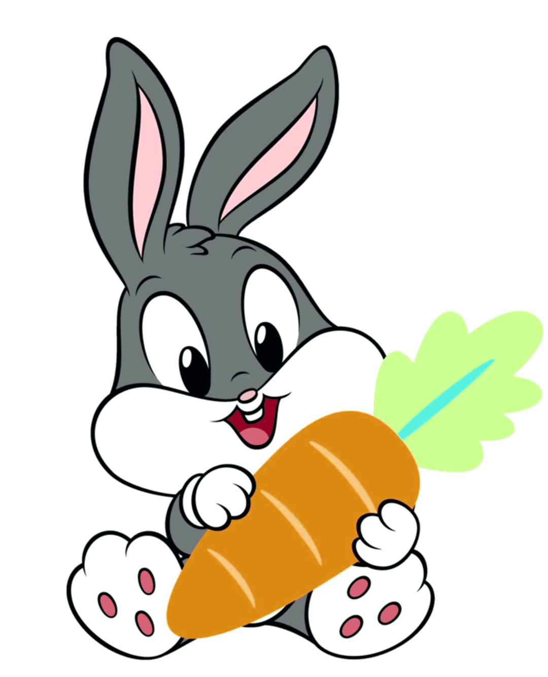Baby Bugs Bunny with large ears and a wide-eyed expression holds a carrot against a light grey background.
