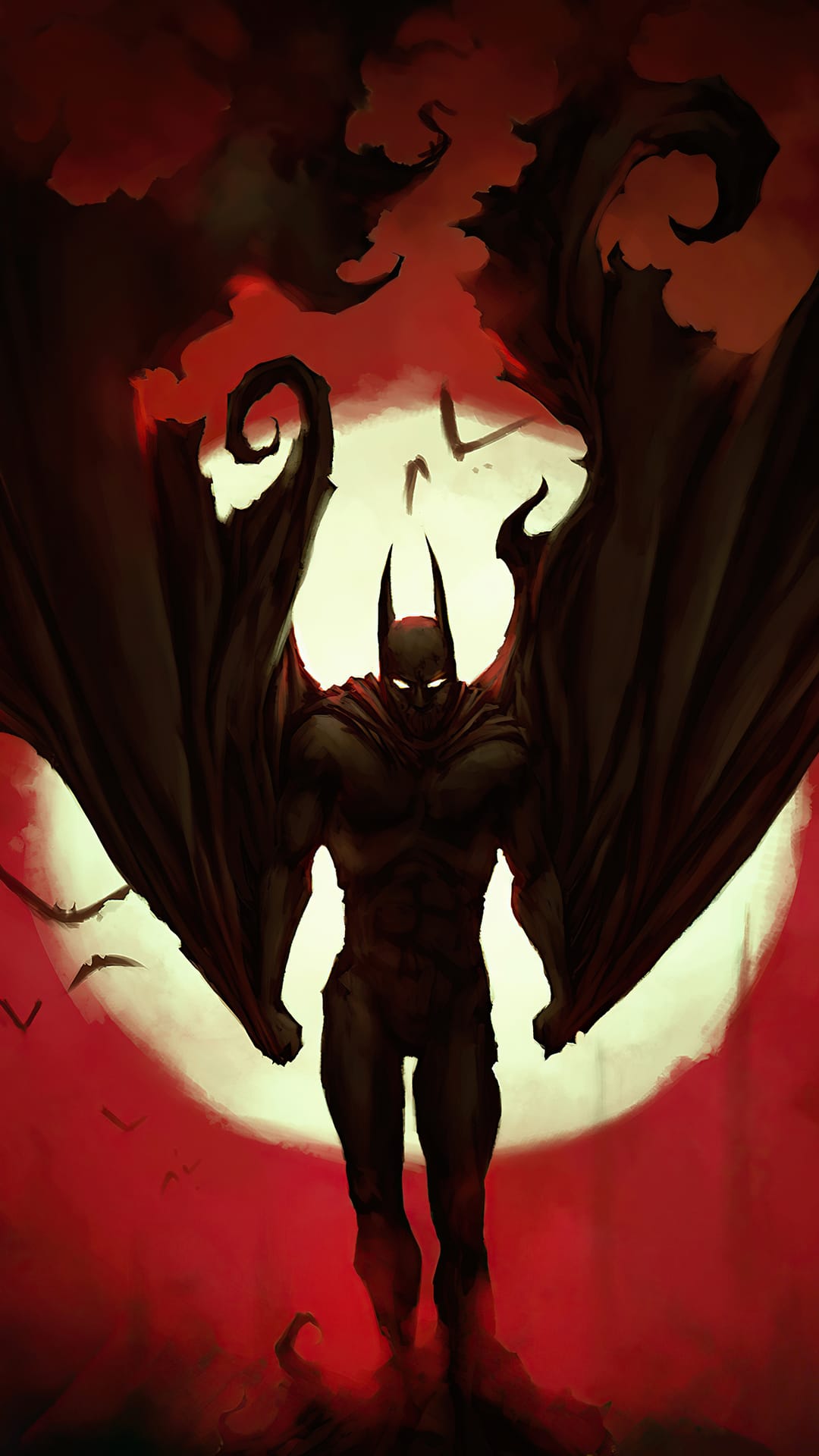 Batman with large bat wings stands against a giant red moon with glowing eyes and flying bat silhouettes.