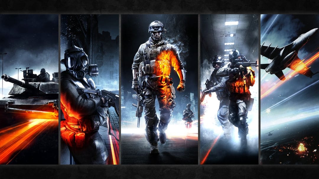 Military montage with an armored tank, tactical soldiers in gas masks, and a fighter jet in blue and orange light.