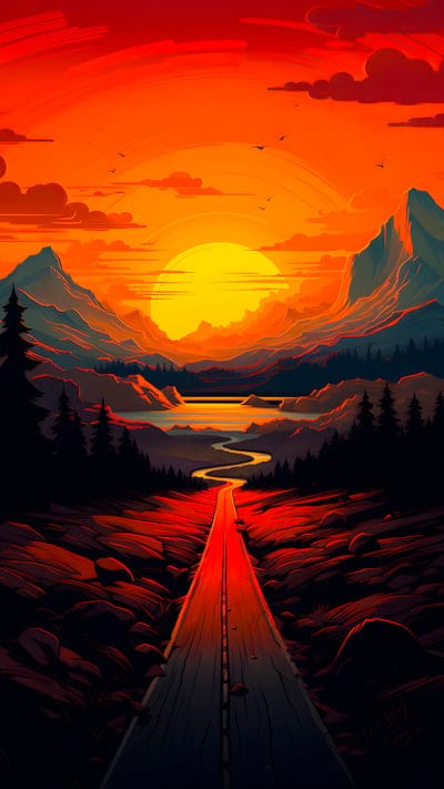 mountains,sun,trail,sunset,art