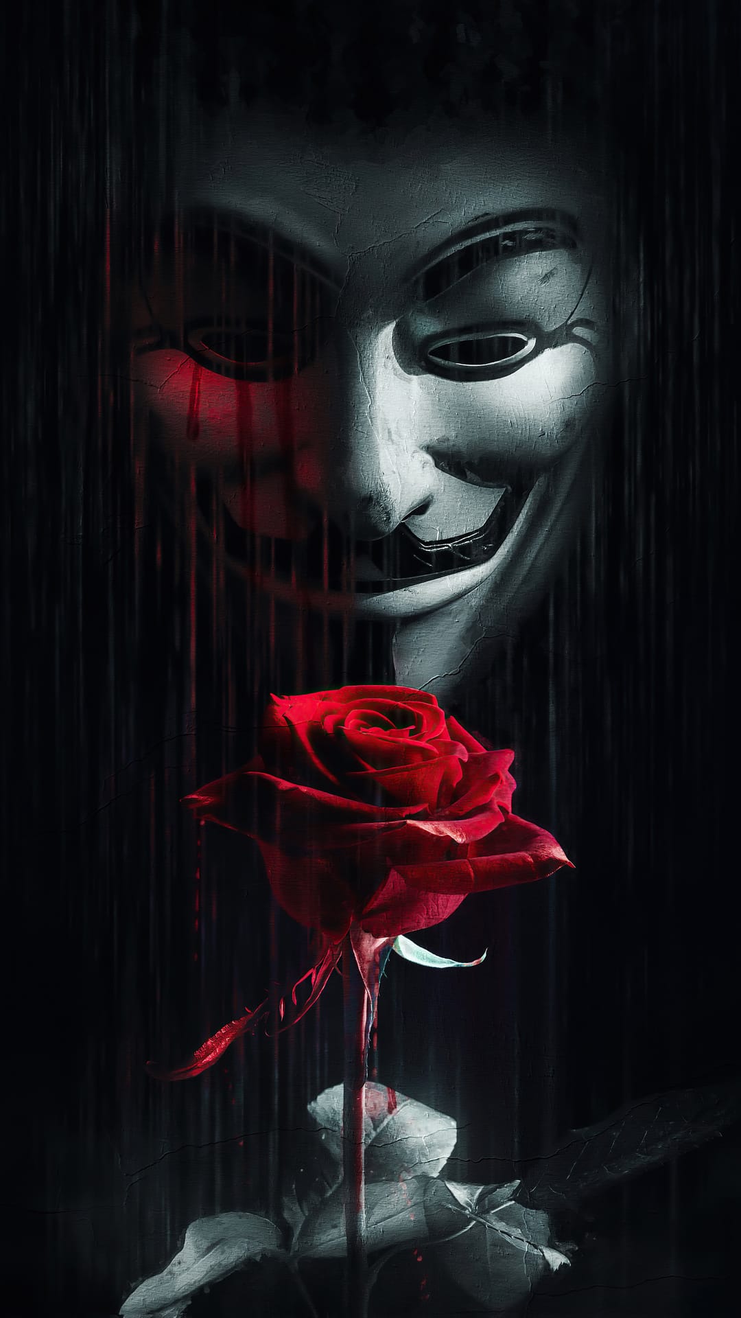 Cracked Guy Fawkes mask with a glowing red eye above a dripping crimson rose on a dark textured background.