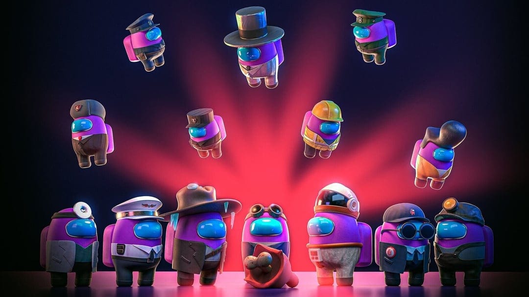Purple Among Us characters in costumes stand around a red body part under a glowing red central light source.