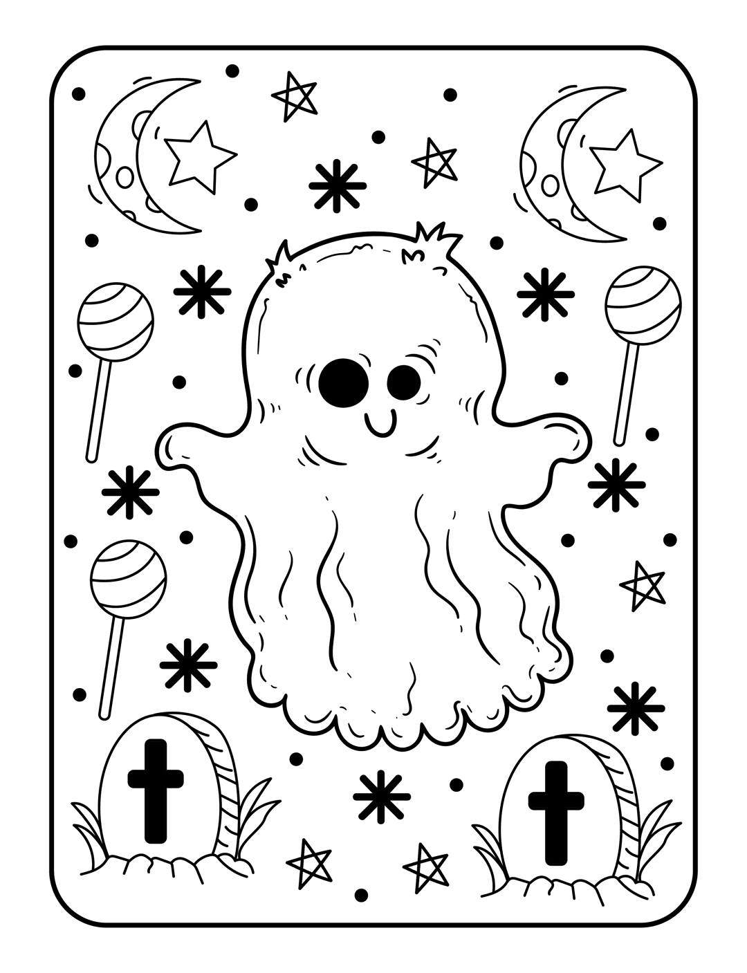 Halloween ghost coloring page featuring a smiling spirit, crescent moon, stars, and tombstones in line art.