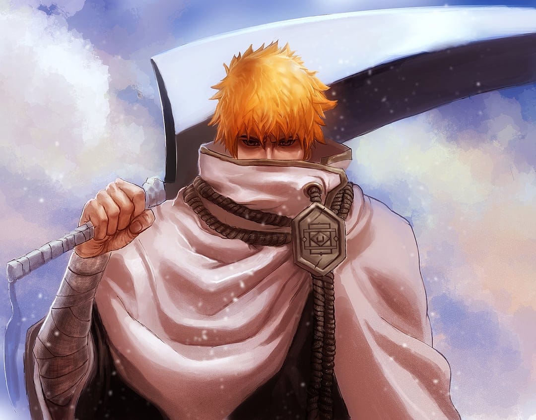 Ichigo Kurosaki with orange hair holds a black sword while wearing a white cloak against a cloudy winter sky.