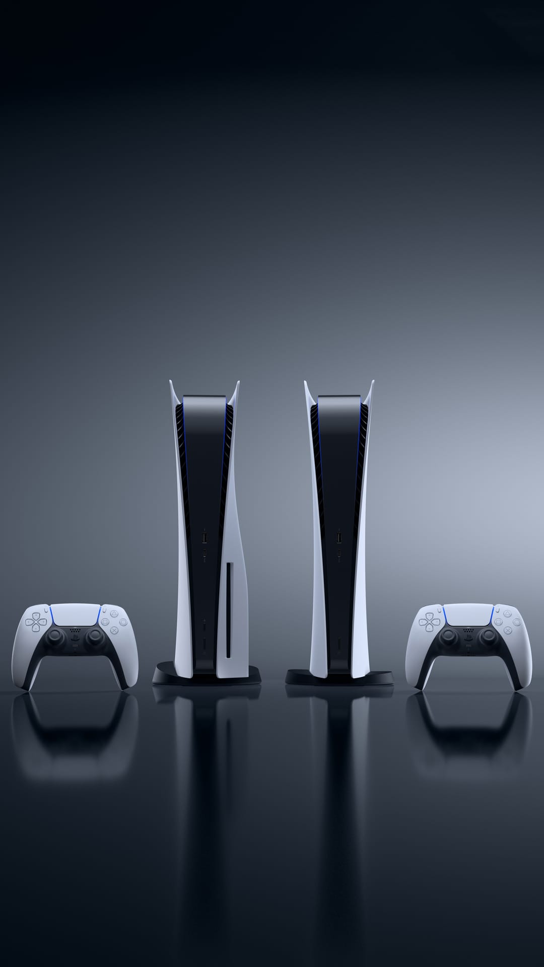 PlayStation 5 consoles and DualSense controllers stand on a dark reflective surface with glowing blue LED accents.