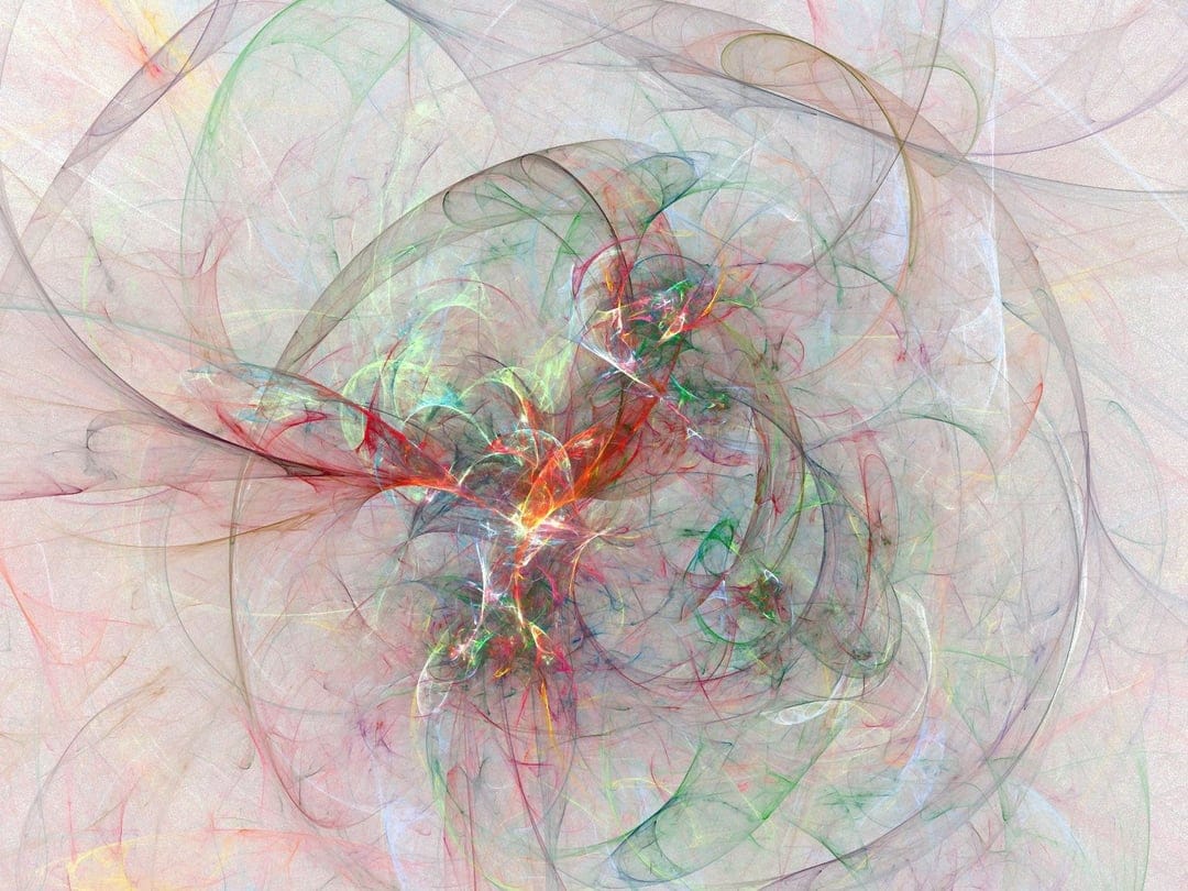 Luminous red and green fractal tendrils spiral through a dark space with intricate white light highlights.