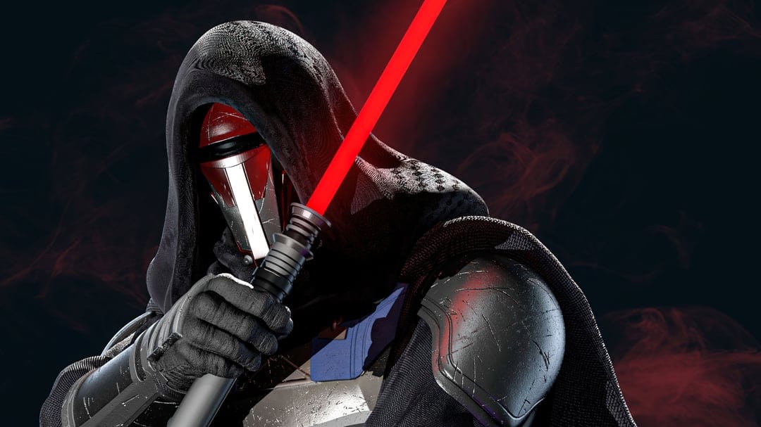 Sith Lord in a dark hood holding a red lightsaber with a metallic mask against a red smoky dark background.