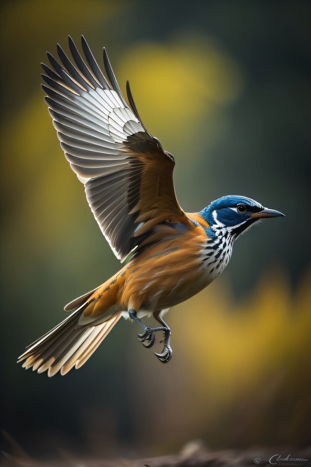 Blue-headed bird with orange plumage flies with open wings against a soft yellow and green bokeh background.