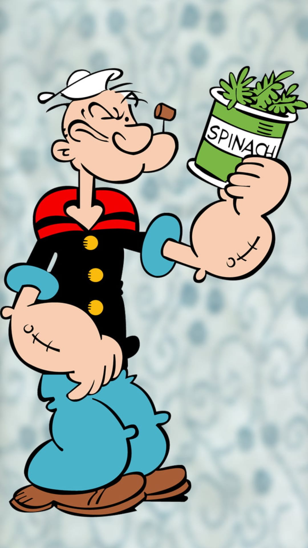 Popeye the Sailor Man with bulging forearms and anchor tattoos squeezes an open can of spinach for strength.