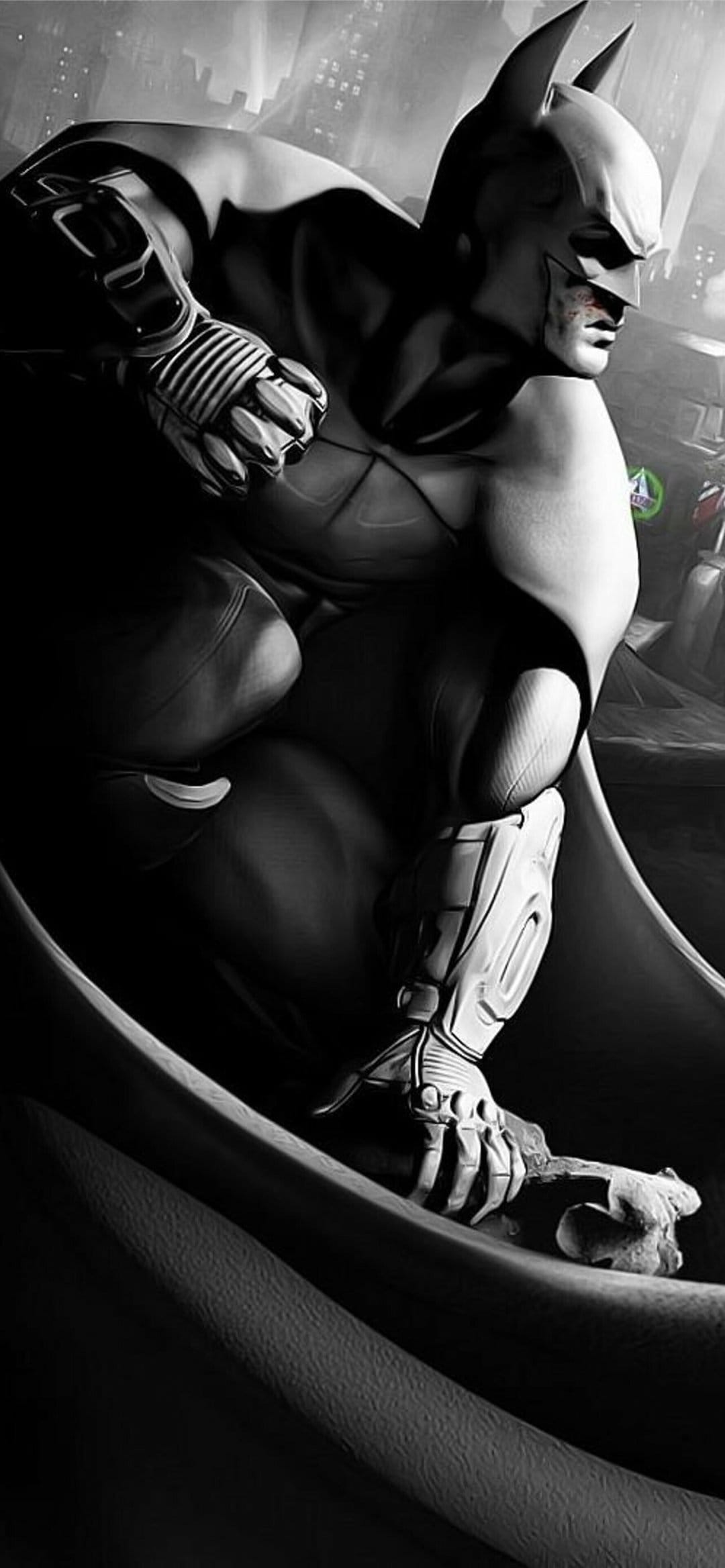 Batman in a crouched pose wearing armored gear against a dark city background in a high-contrast black and white style.