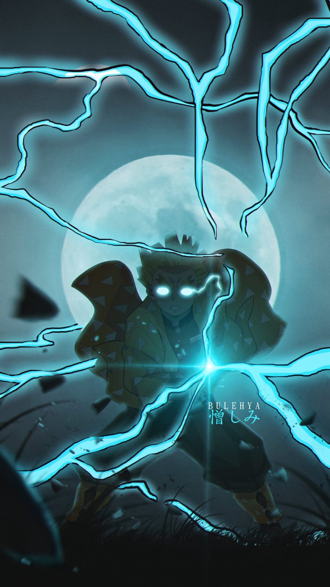 Zenitsu Agatsuma crouches amidst crackling blue lightning bolts with a massive full moon in the dark night sky.