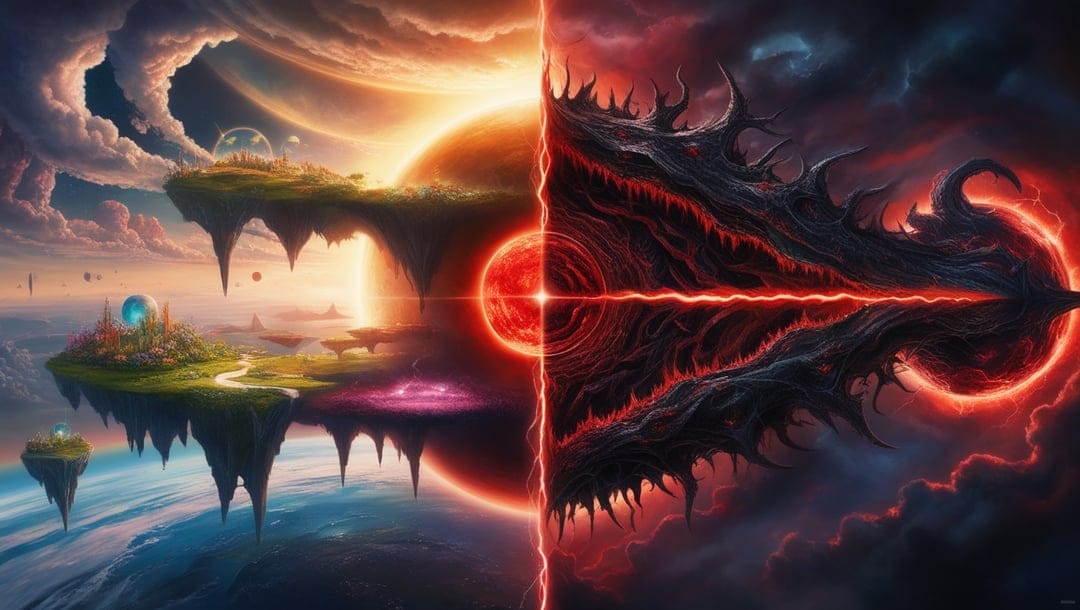 Floating green islands with golden light beside a red fiery abyss and a dark shadowy entity in a cosmic void.
