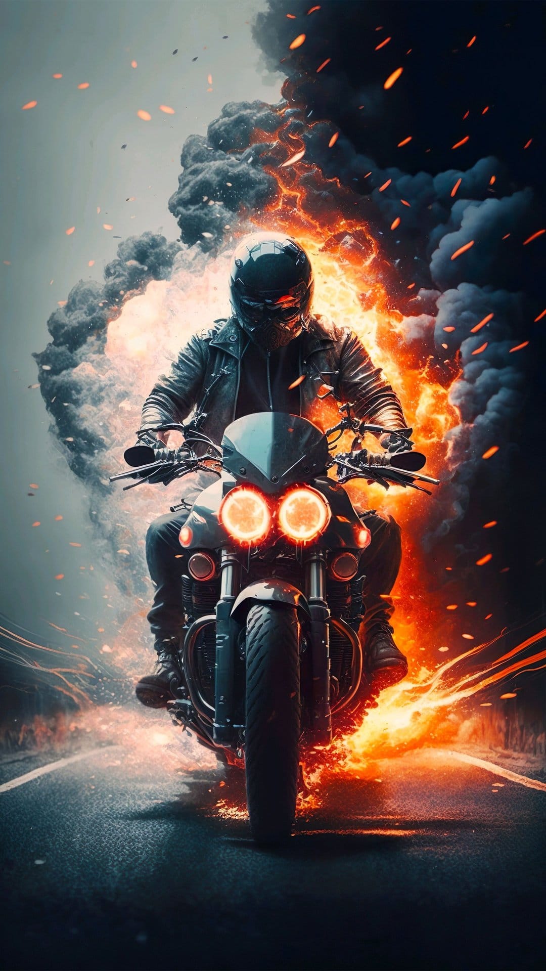 Motorcyclist in a black leather jacket and helmet rides through thick orange fire and gray smoke on a dark road.