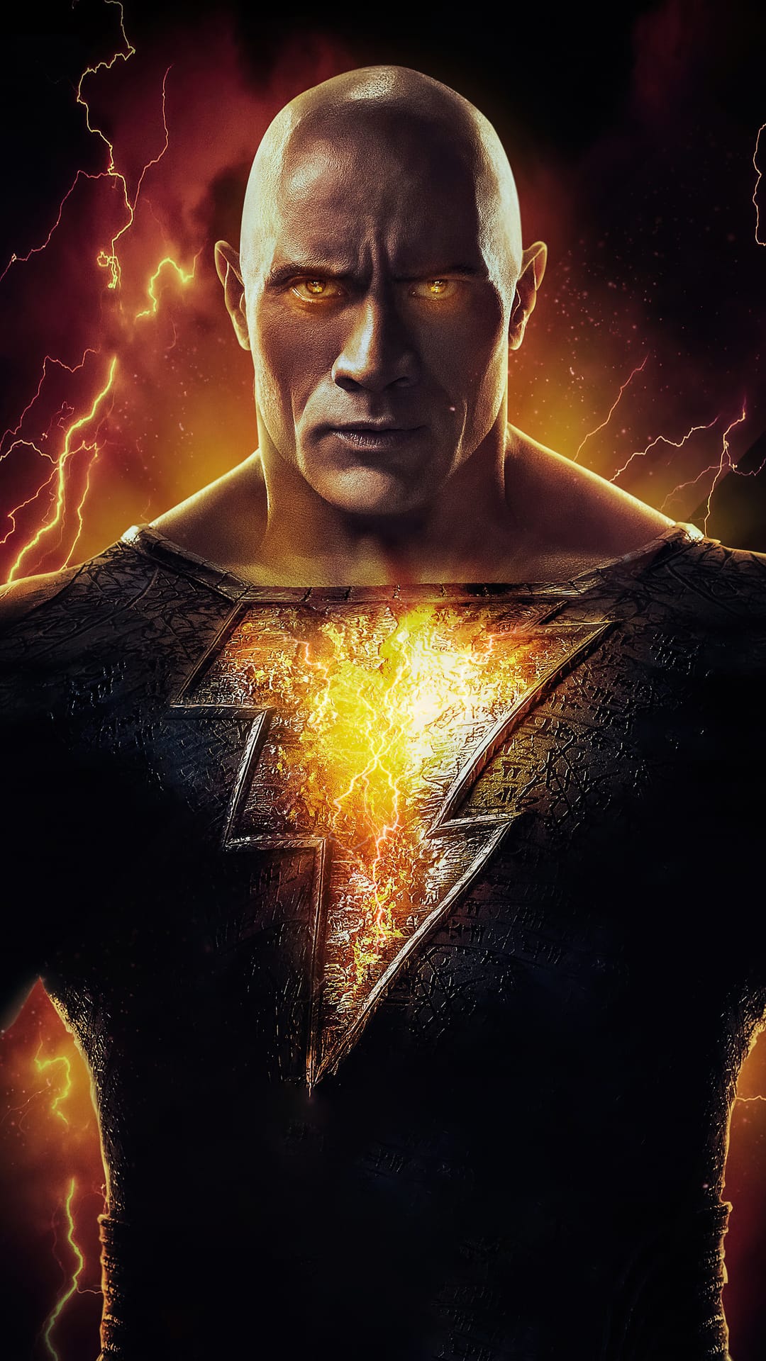 Black Adam stares forward as a radiant yellow lightning bolt glows on his suit amidst fiery orange sparks.