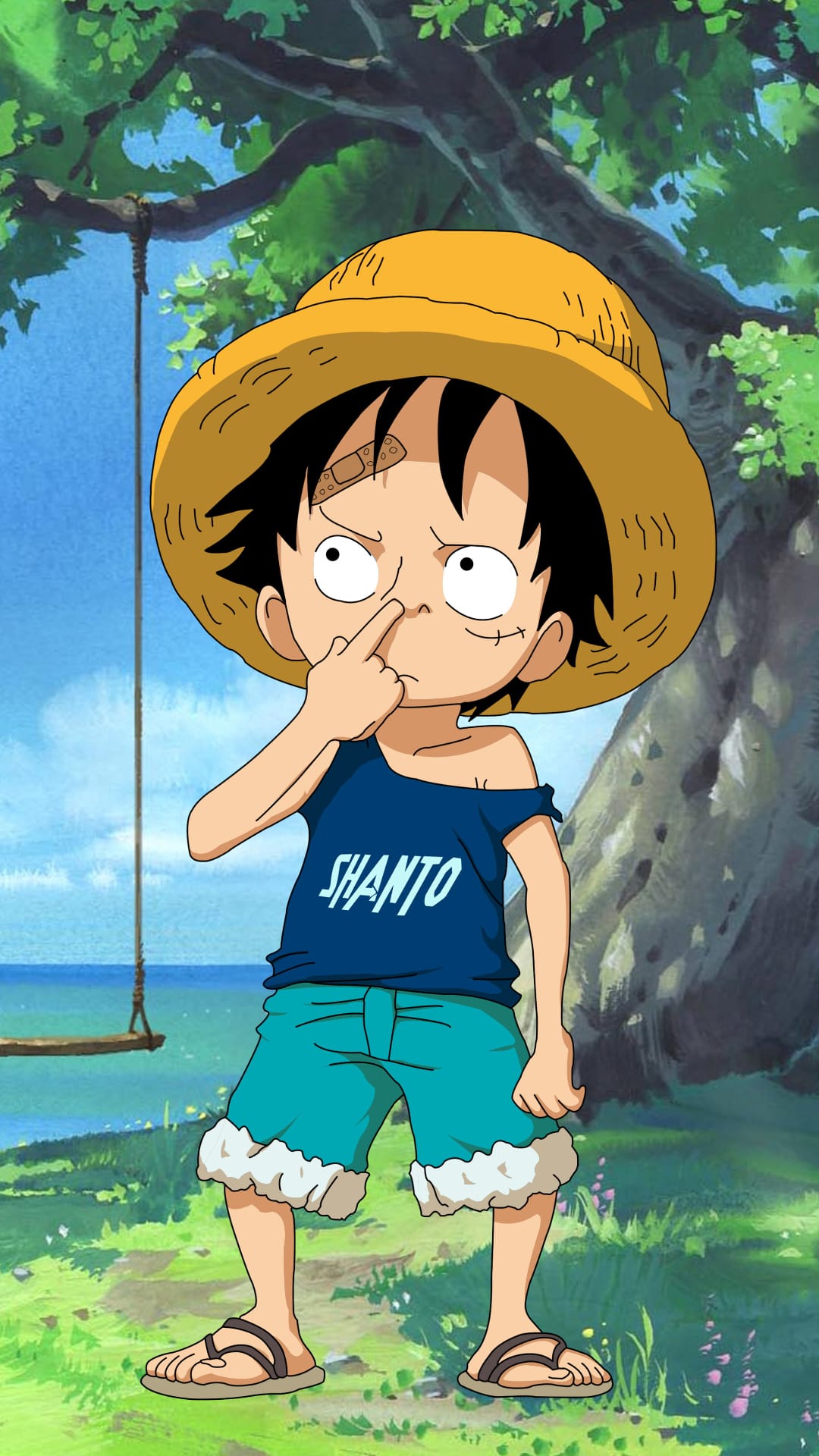 Young Monkey D. Luffy picks his nose wearing a straw hat and blue shirt near a tree and a body of water.