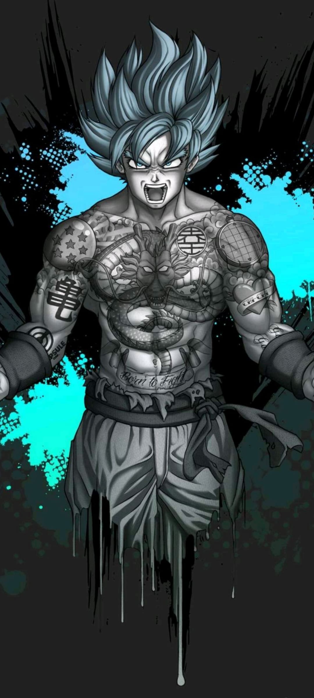 Goku displays dragon and kanji tattoos with blue splatter paint effects against a high-contrast monochrome background.