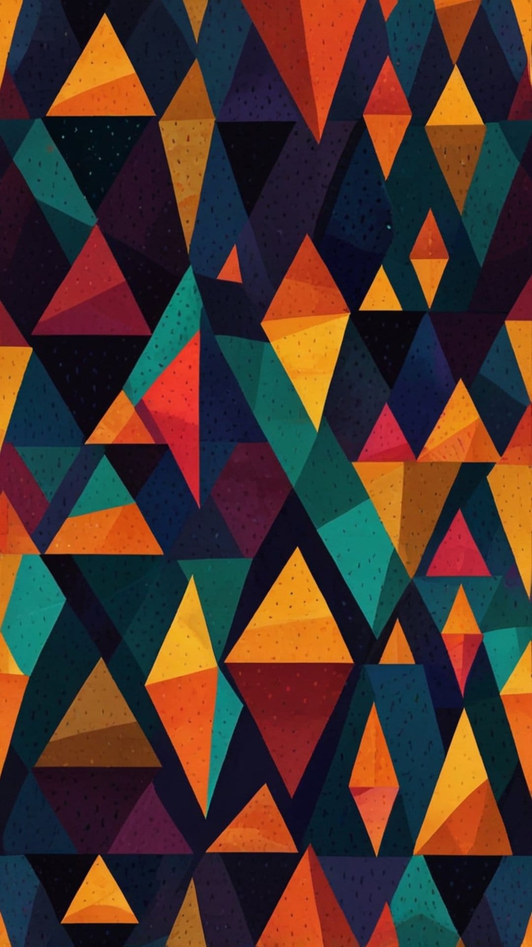 Vibrant triangular mosaic with textured gradients in orange, teal, and red over a dark speckled background.