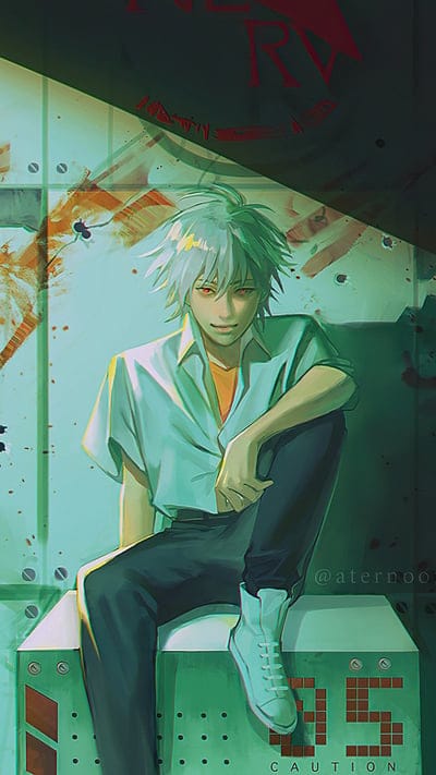 Kaworu Nagisa, Neon Genesis Evangelion, anime, mysterious, NERV, character art, white hair, red eyes, fan art, Evangelion, symbolic, atmospheric, digital art, futuristic, sci-fi, mecha, anime boy, alluring