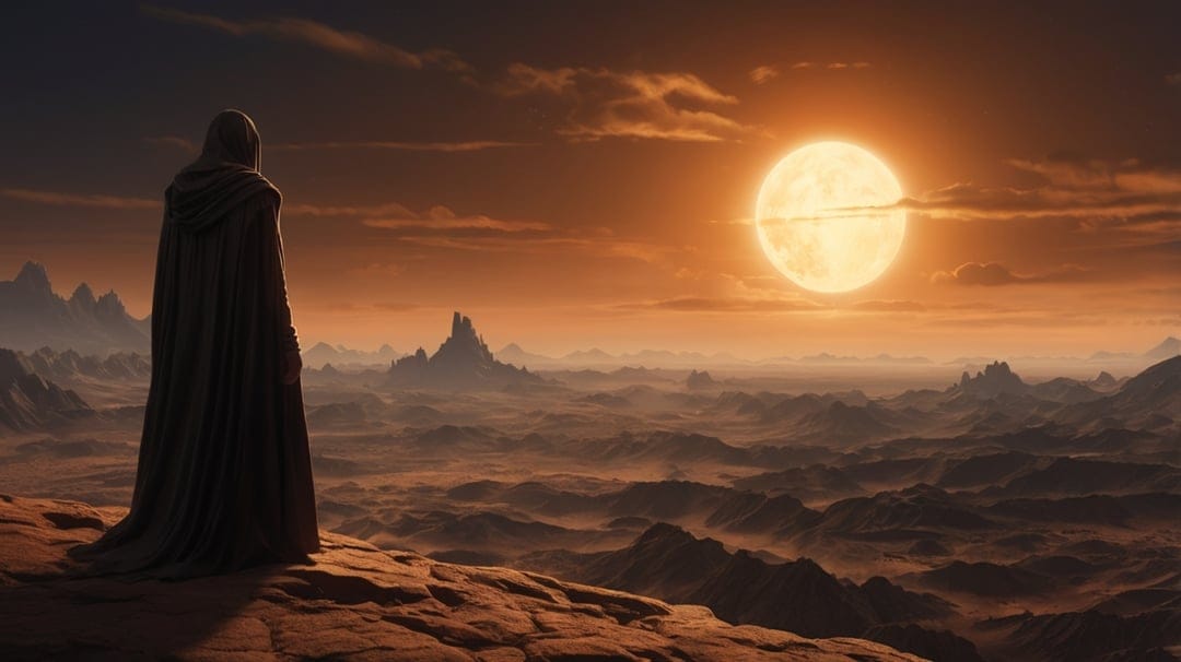Robed figure stands on a rocky cliff watching a giant sun set over a misty alien mountain range at dusk.
