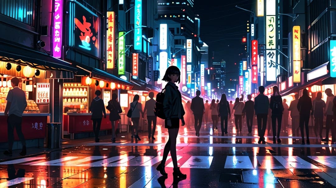 Pedestrians cross a wet asphalt street reflecting vibrant blue and pink neon signs from tall city buildings.