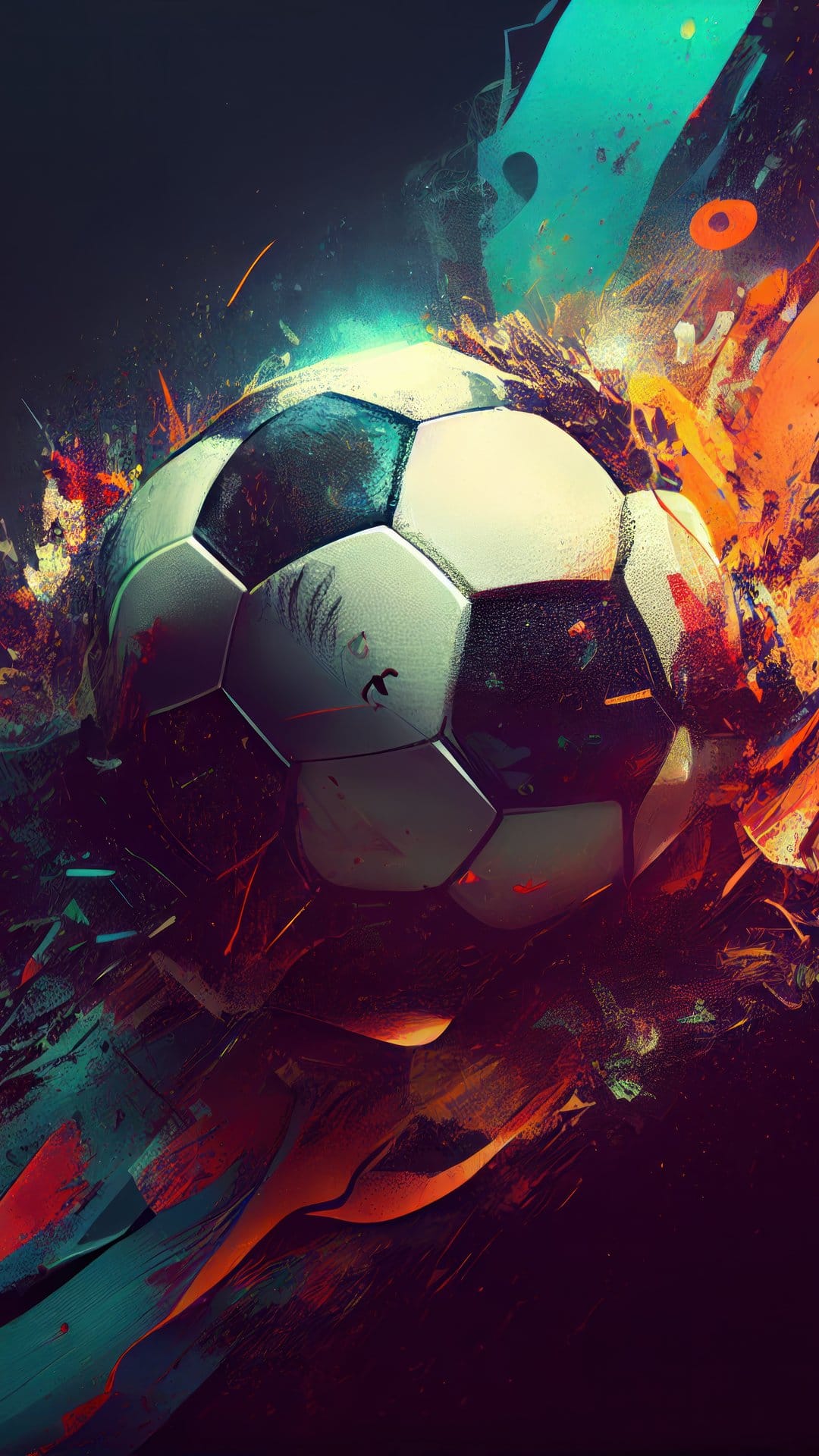 Soccer ball centered in a fiery orange and teal paint explosion against a high-contrast dark background.