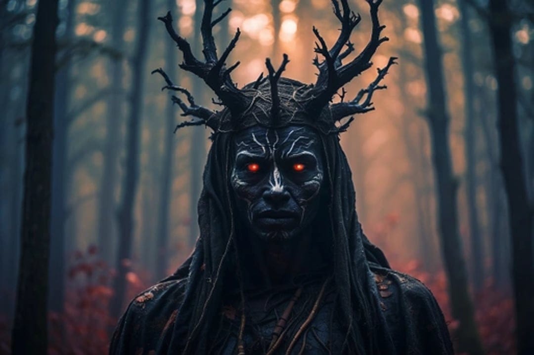 Antlered forest spirit with glowing red eyes and white face markings standing in a misty, dark woodland scene.