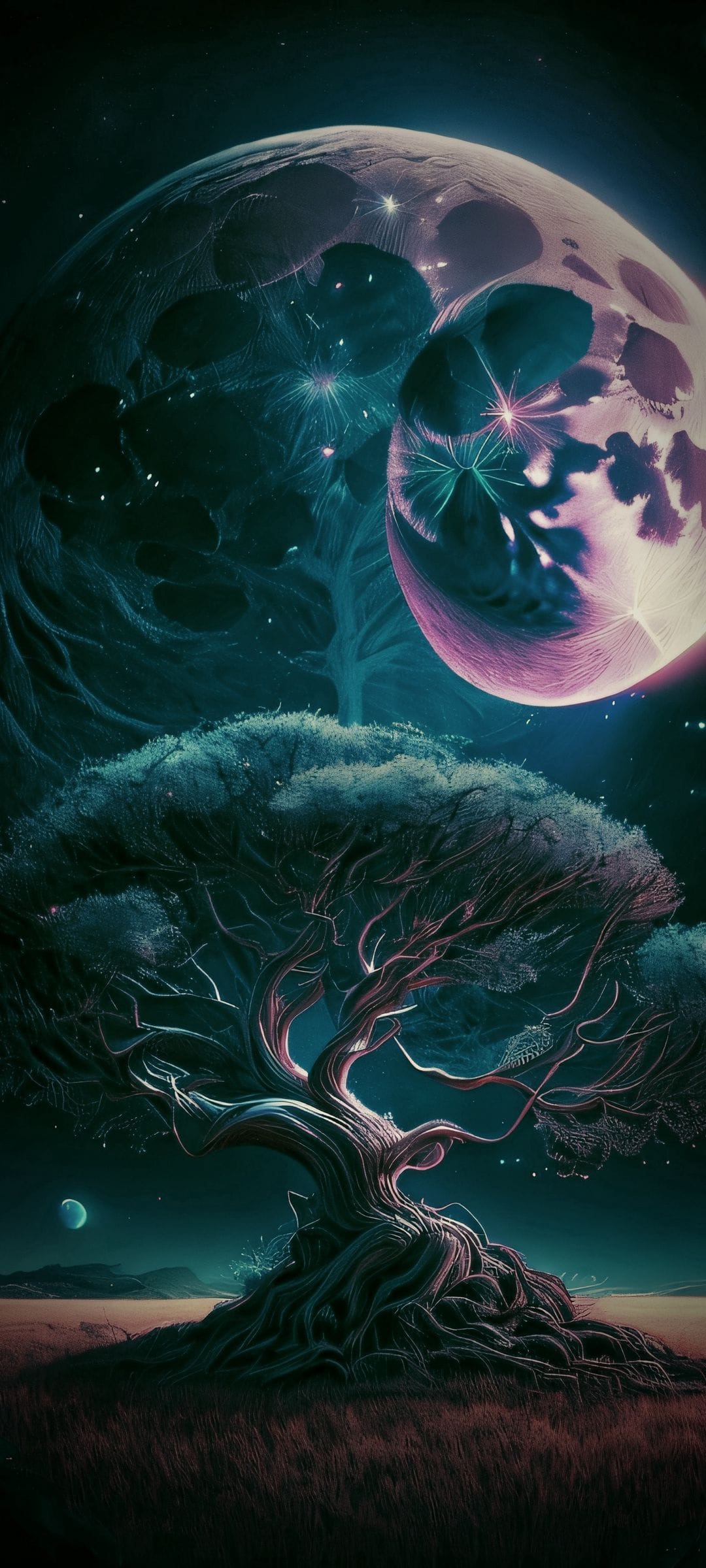 Gnarled ancient tree with deep roots stands before a massive glowing moon and vibrant starry cosmic nebula.