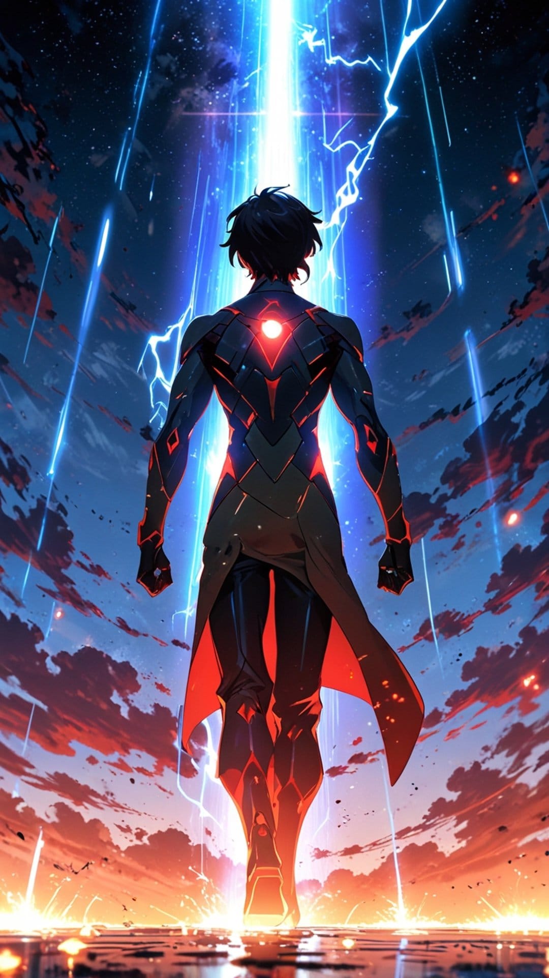 Armored warrior in black and red plate stands before a massive blue light beam under a dark lightning-filled sky.