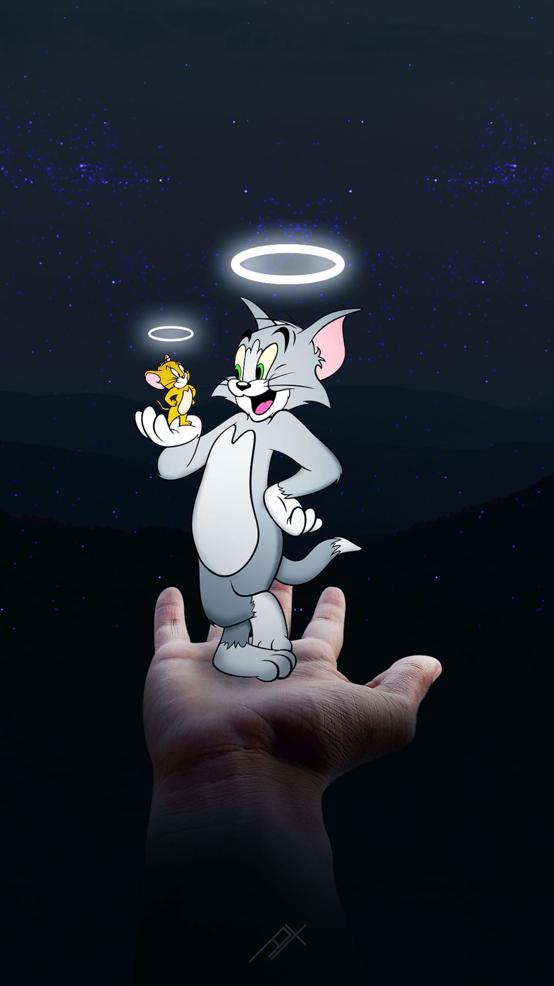 Tom and Jerry with golden halos sit on a palm against a dark mountain landscape and twinkling starry cosmos.