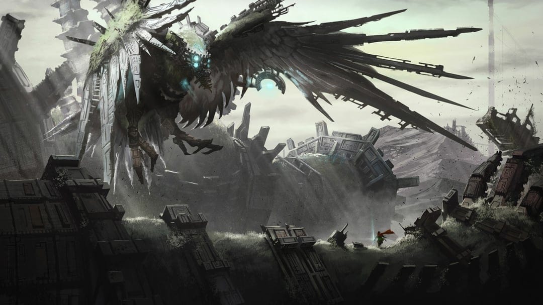 Giant mechanical bird with glowing blue eyes hovering over ancient ruins facing a small warrior in a red cape.