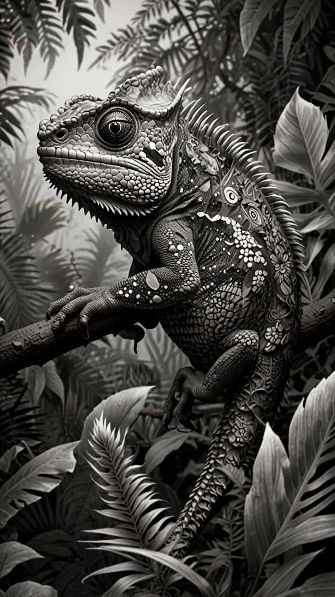 Chameleon on a branch shows intricate skin patterns amidst dense tropical foliage in a monochrome forest.