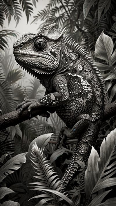 Tattoo,Tattoo Wallpaper,Wallpaper,AI Art,Ai Wallpaper,Desktop Wallpaper,Artwork,Black,White,Black and White,Aesthetic,Chameleon,Leaves,Branch