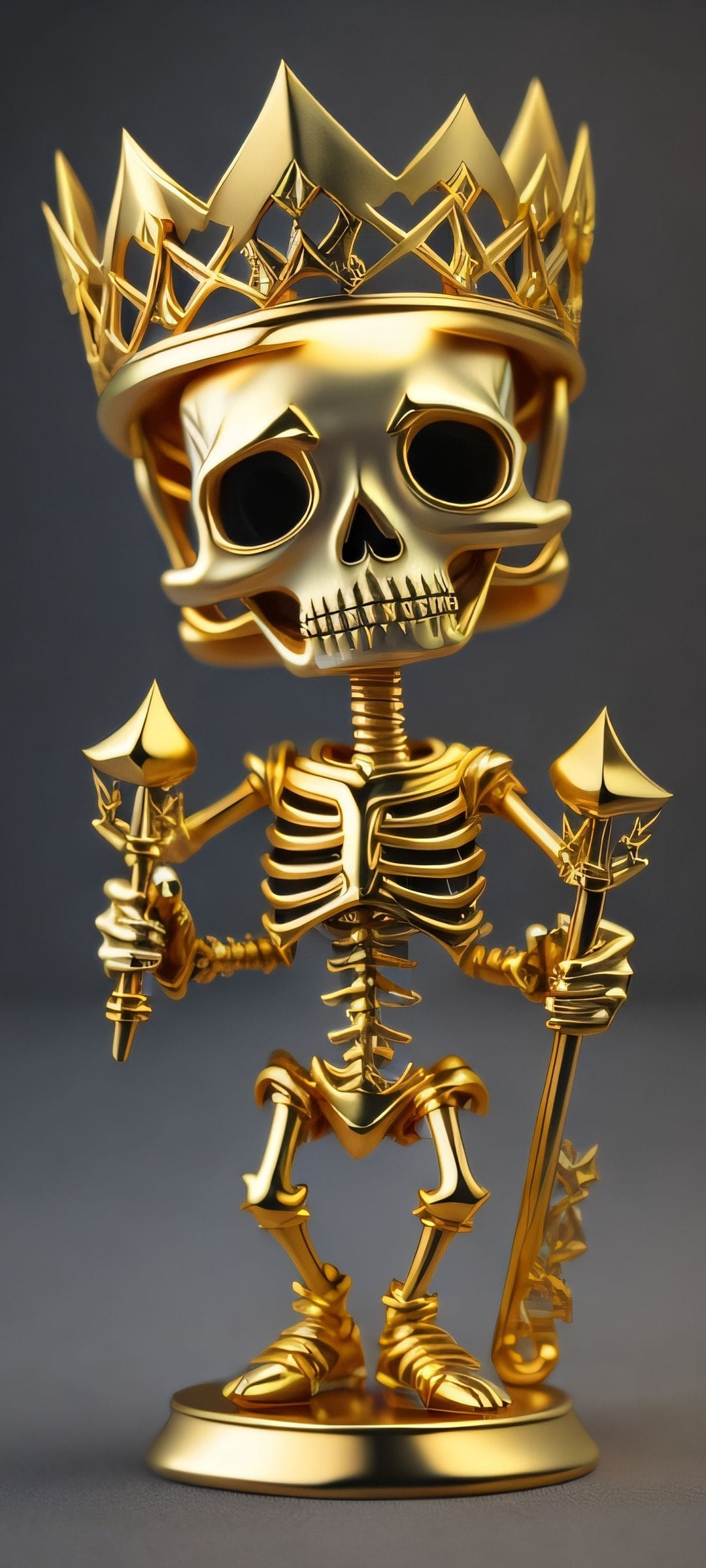 Golden skeleton wearing a crown and holding two scepters, featuring detailed ribs and a polished metallic finish.