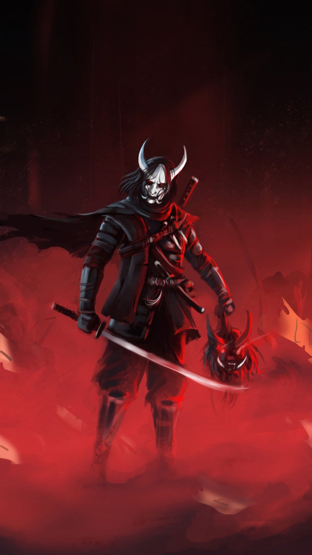 Samurai in a white hannya mask holds a katana and a red oni mask amidst dense crimson fog and dark shadows.