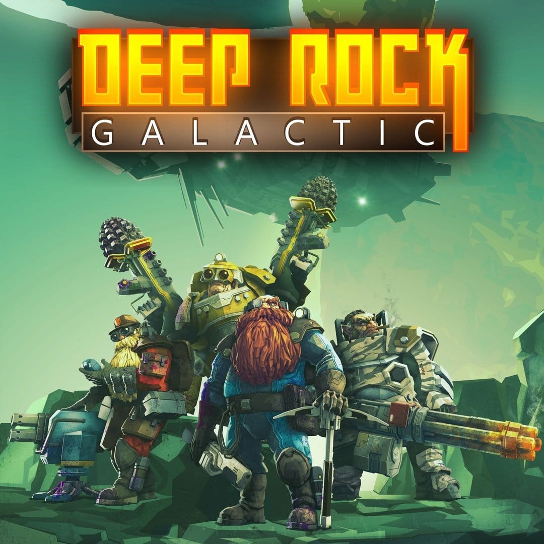 Four dwarves with heavy weapons and armor stand in a green glowing cavern beneath a large sci-fi title logo.