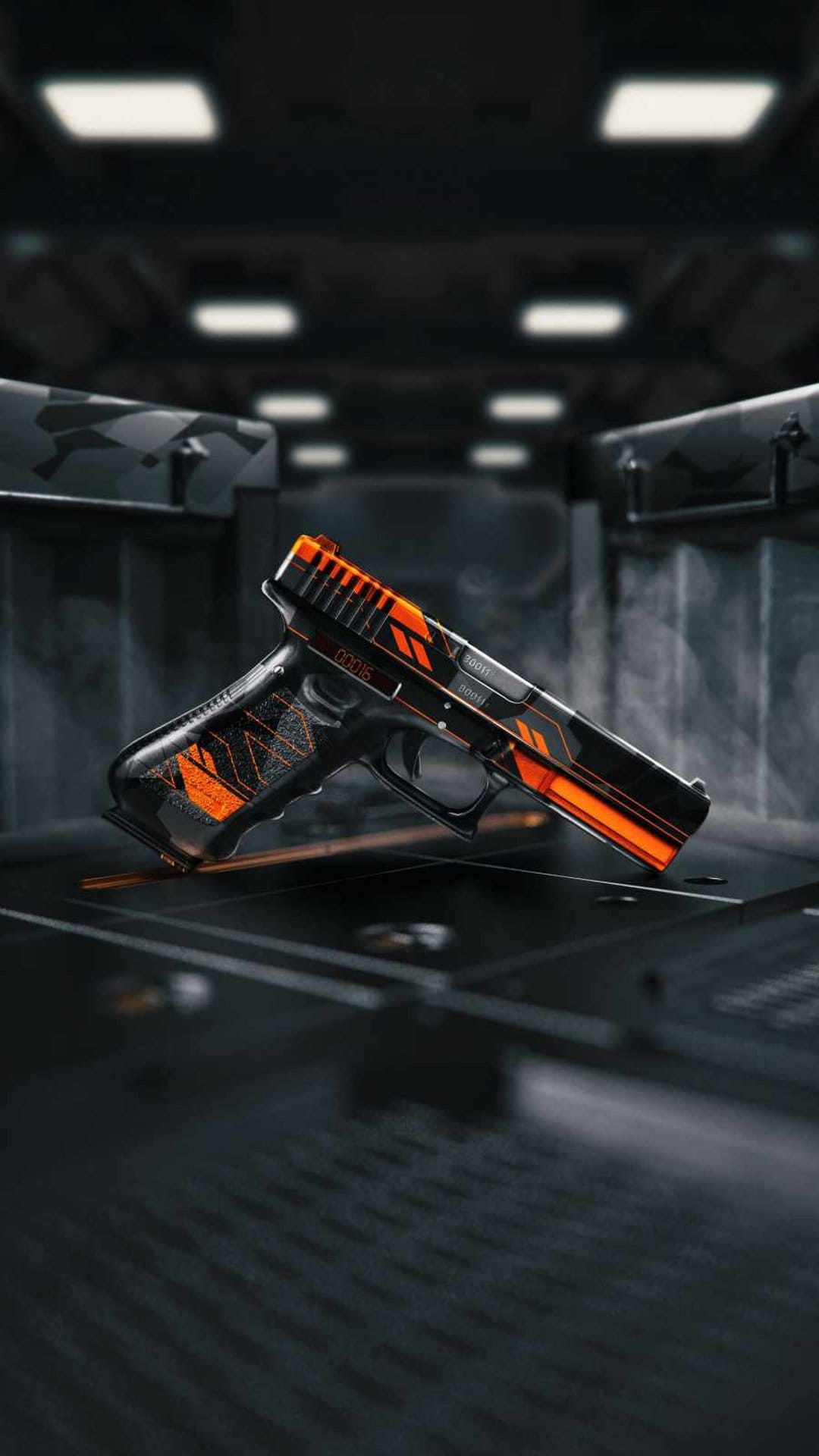 Orange and black futuristic pistol with geometric patterns resting against a dark industrial metal background.