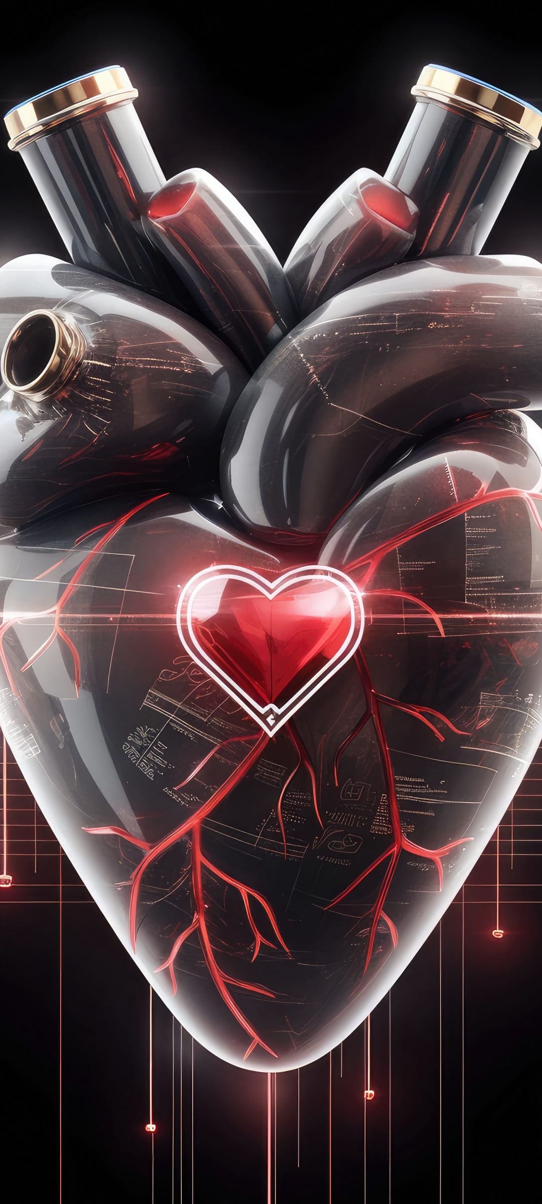 Mechanical heart with glowing red internal veins and golden accents against a dark, circuit-patterned background.