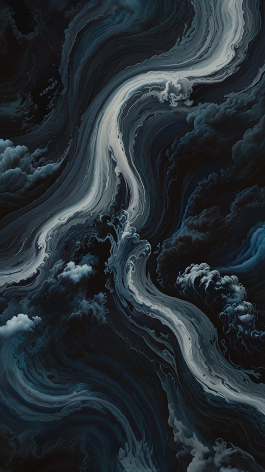 Swirling navy and white gas clouds intermingling in a dark celestial void with textured fluid patterns.