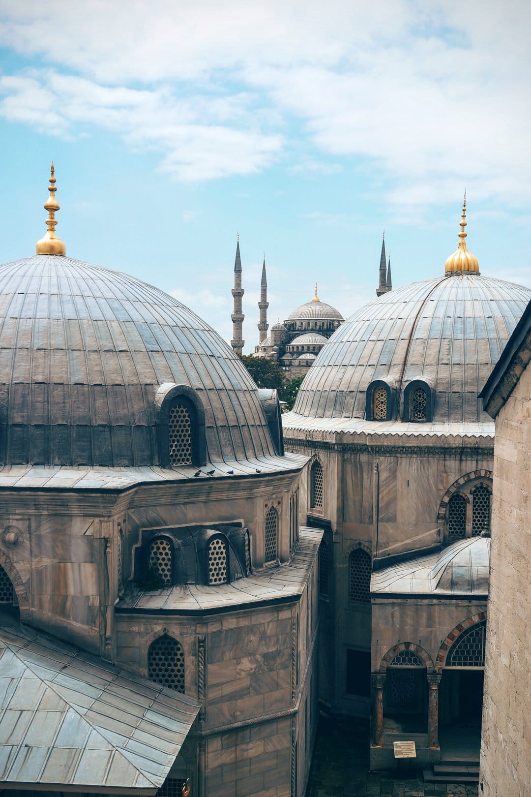 Blue Mosque domes and slender minarets stand under a cloudy blue sky in a vertical Istanbul city view.