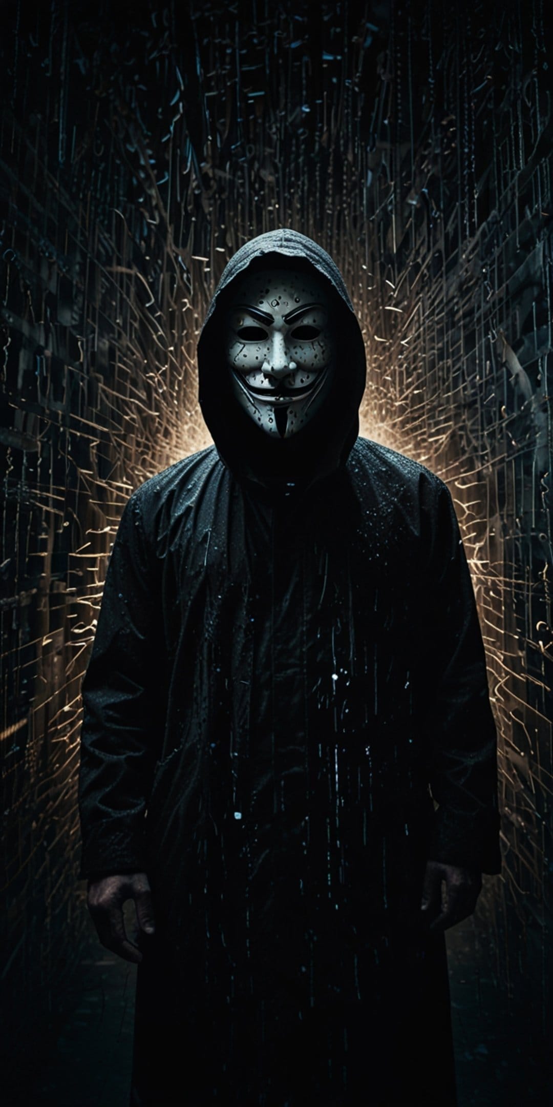 Guy Fawkes masked figure in a black hood standing amidst glowing yellow electric sparks and dark shadows.