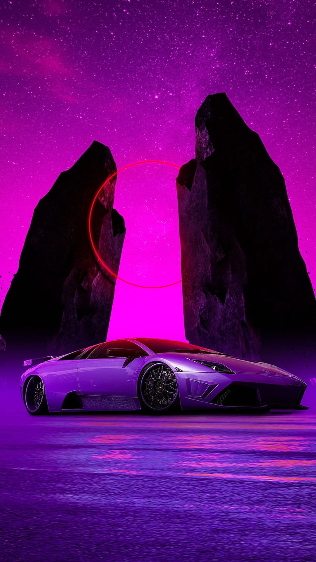 Purple Lamborghini driving toward a glowing red portal between dark rocks under a starry neon night sky.