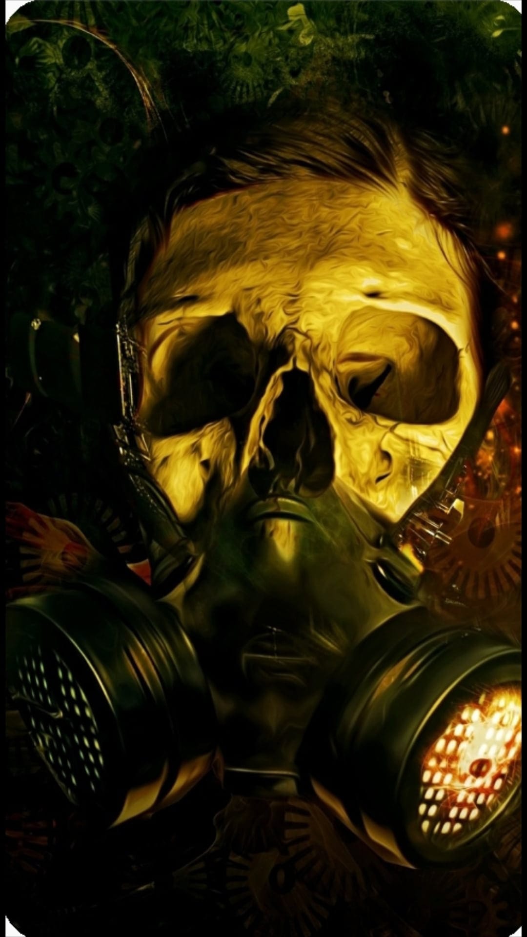 Weathered skull wearing a vintage gas mask with orange embers floating against a dark textured background.