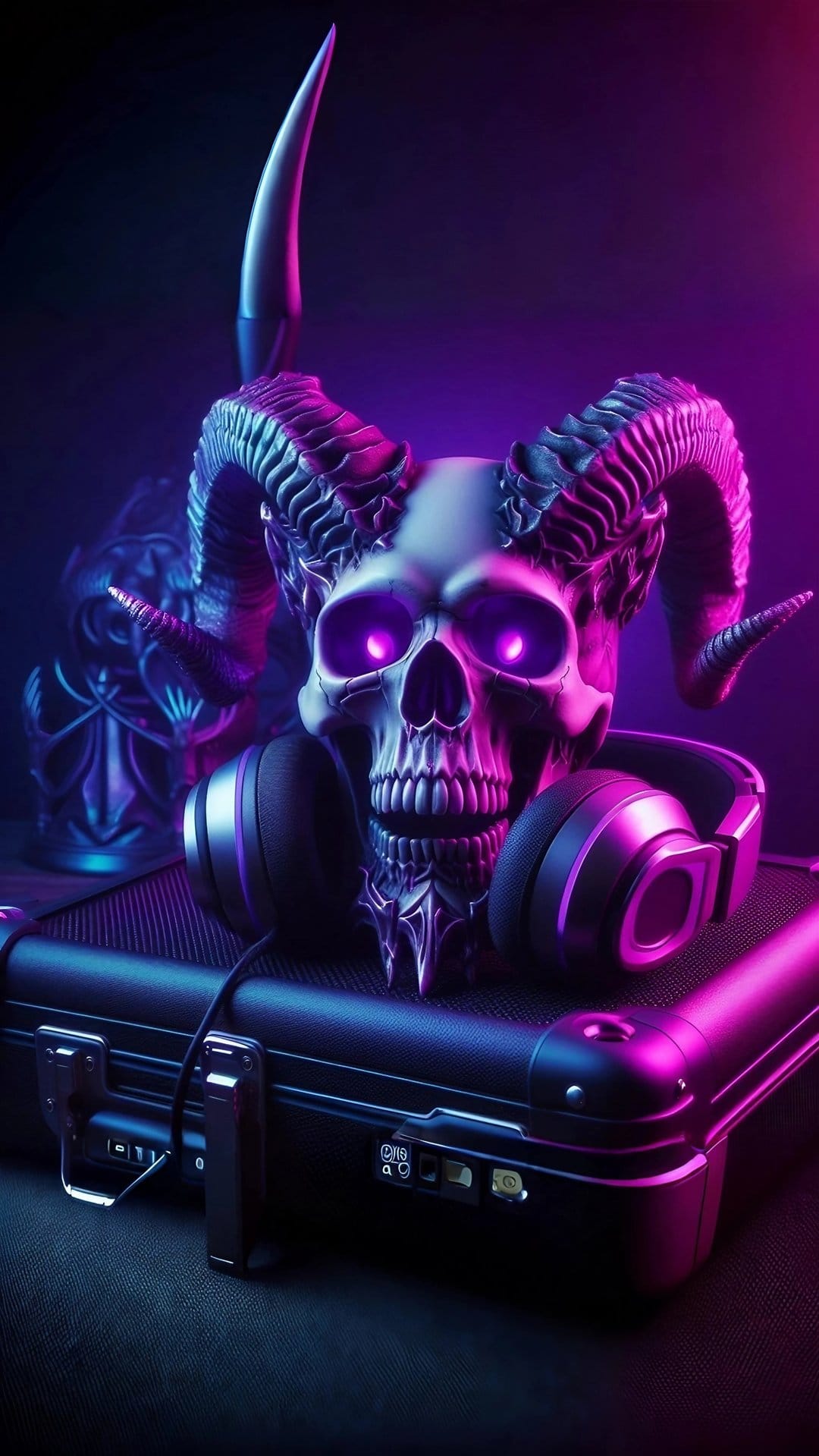 Horned skull wearing headphones glows with purple eyes on a metallic tech case under pink and blue neon lights.