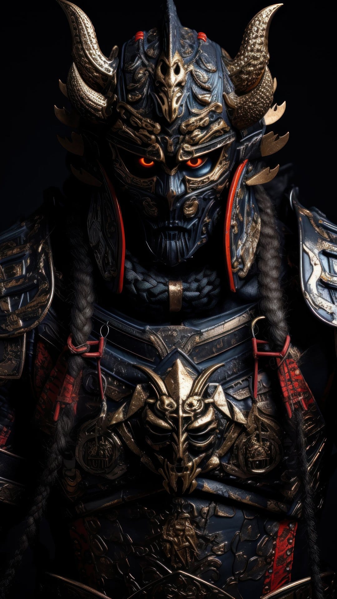 Samurai warrior wearing ornate black and gold armor with a demonic mask, curved horns, and glowing red eyes.