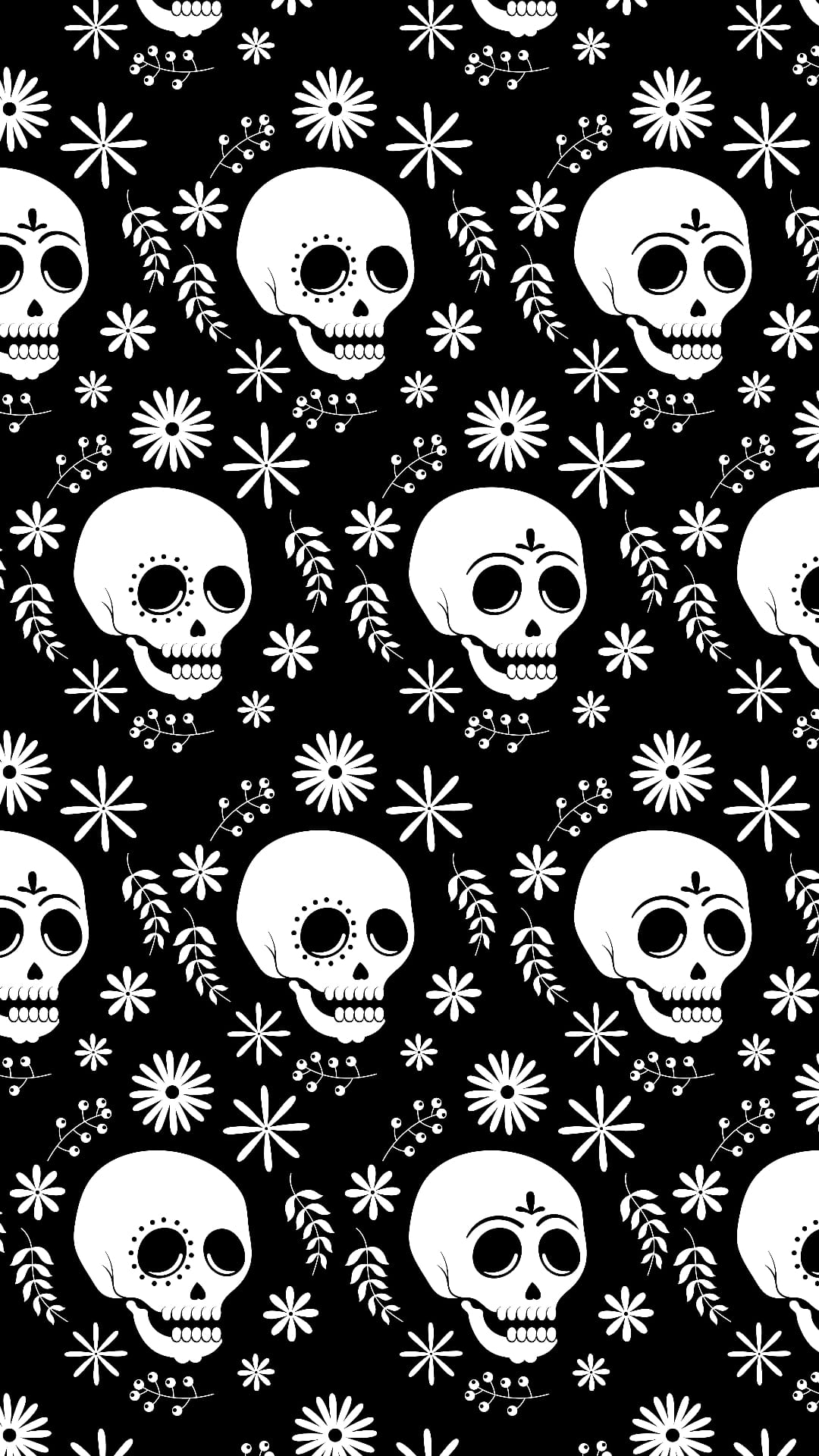 Sugar skulls with intricate floral engravings appear in a seamless black and white pattern for phone screens.