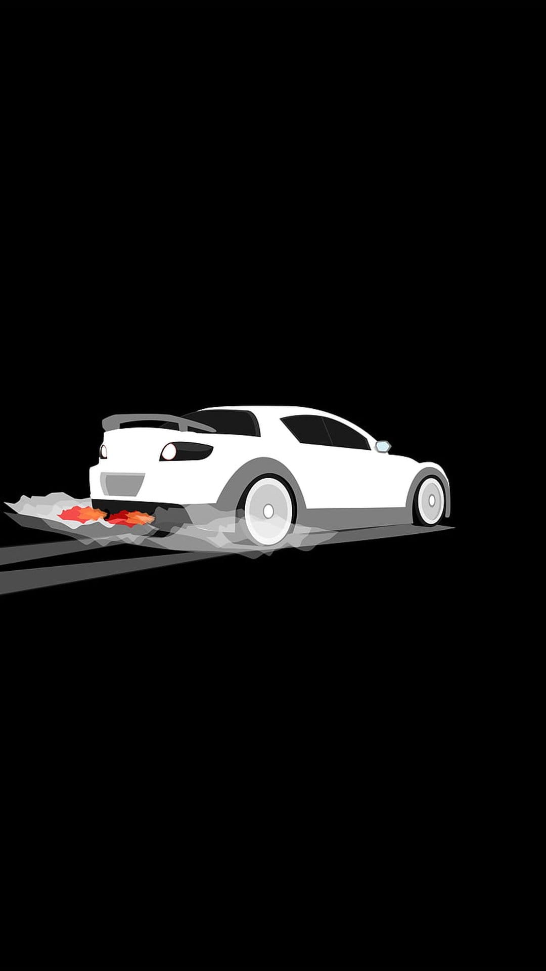 White sports car sliding sideways on a black background with bright orange flames and smoke from the exhaust pipe.